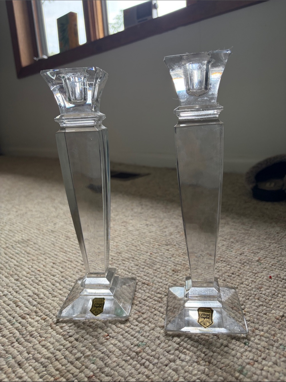 Antique Pair of Clear Glass Taper Candle Holders (NWOT)